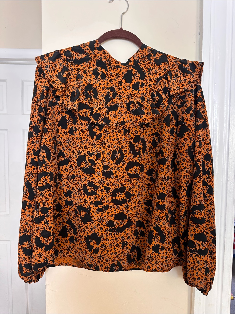 Topshop Black & Orange Floral Ruffle-Yoke Blouse Size 10